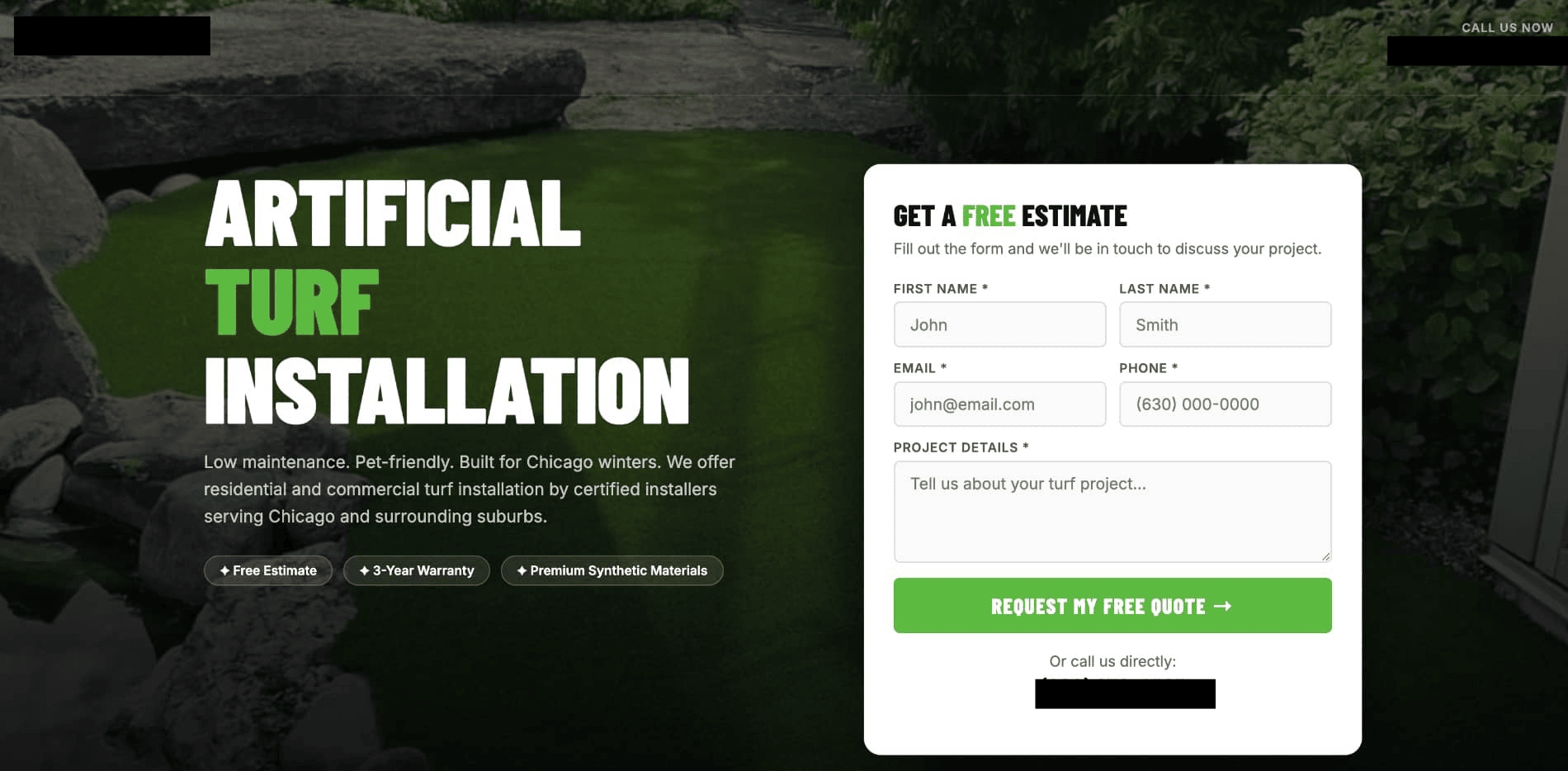 Landing page we built for turf client