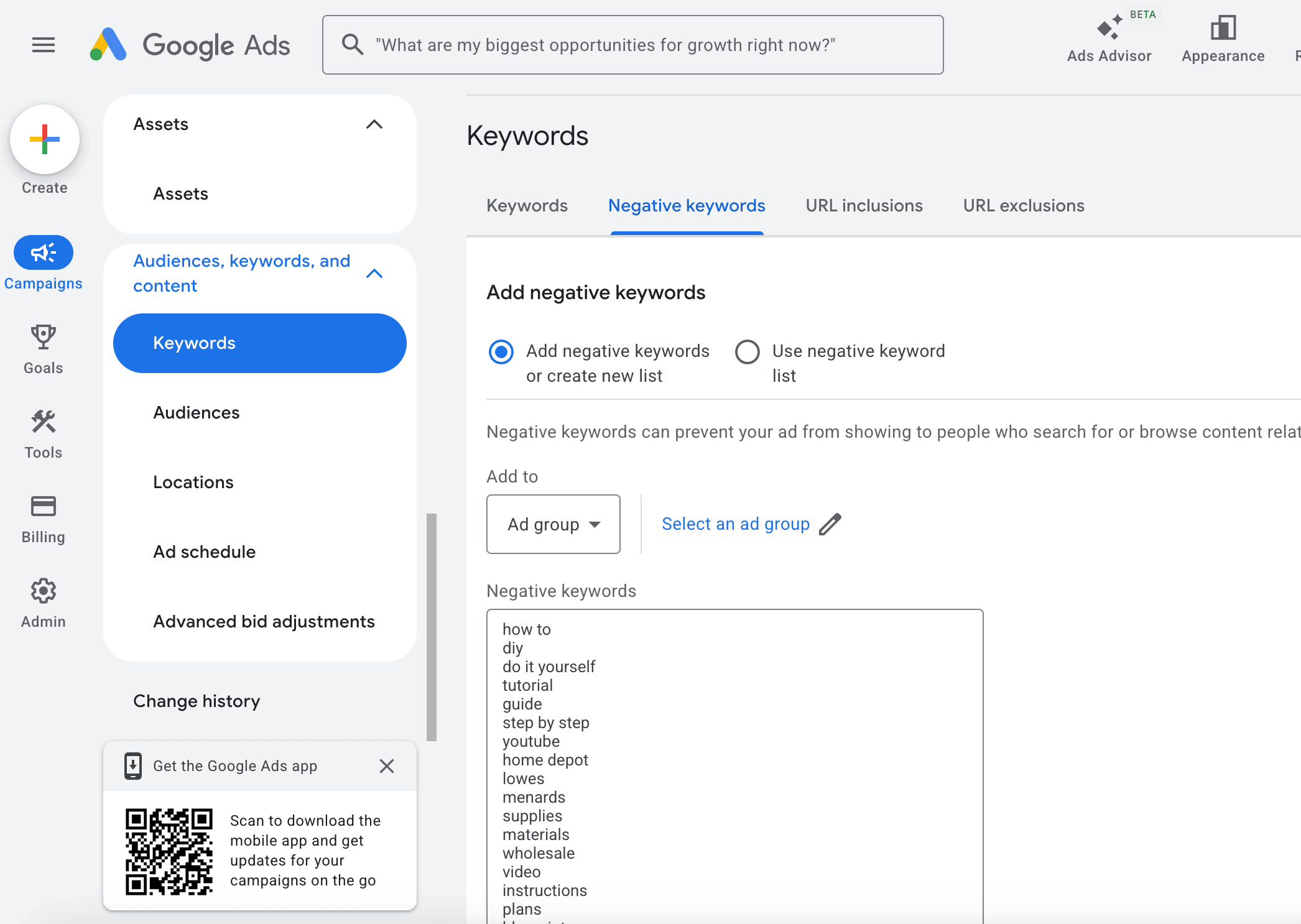 Negative keywords used for campaigns