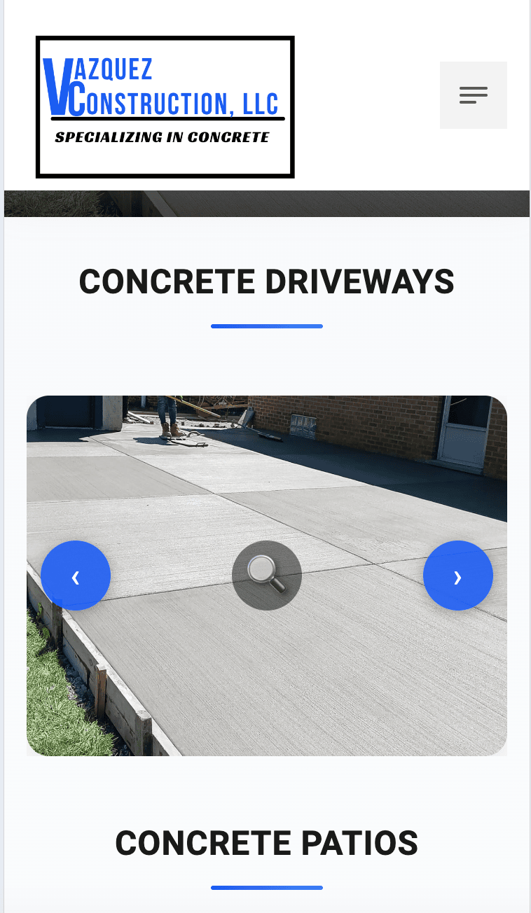 Vazquez Construction website on mobile